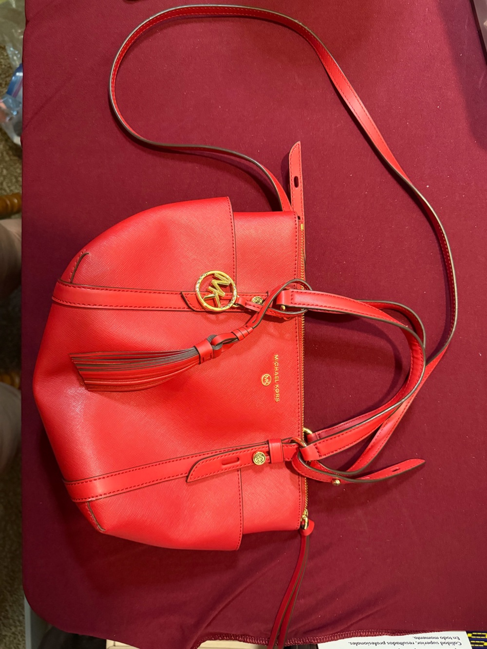 Michael Kors Red Saffiano Satchel with Gold Tone MK Charm
